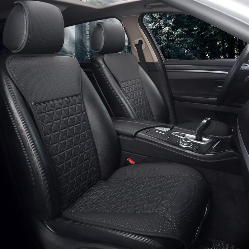 Black Panther 1 Pair Luxury PU Car Seat Covers Protectors for Front Seats, with Partial Backrest Coverage (Middle Part Only), Triangle Pattern, Compatible with 95% Cars - Black - Image 1